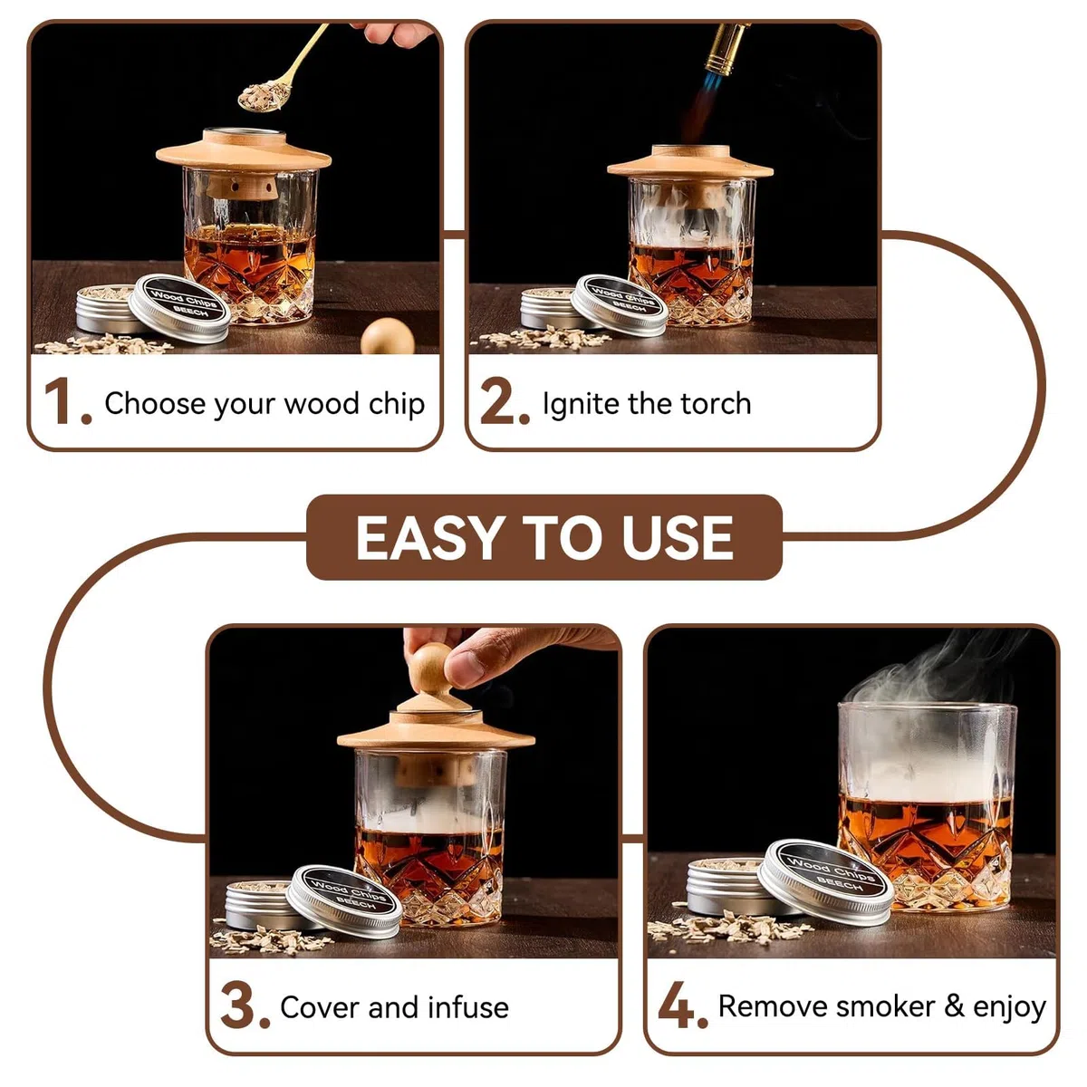 Trucioli per affumicatura in Legno di Whisky, Kit per affumicatore da Cocktail da 8 Pezzi Che Include Legno di melo Noci Pecan Quercia Ciliegia Pesca Pera Noci Pecan e