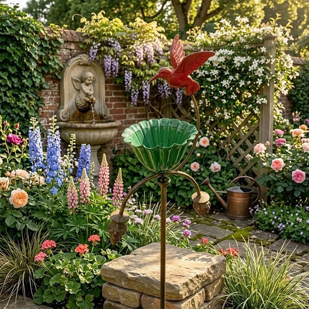 Elegante mangiatoia per uccelli in metallo con ciotola per fiori Red Hummingbird Feeder e Abbeveratoio per uccelli per esterni Decorazione da giardino Robusto palo in ferro battuto verde e