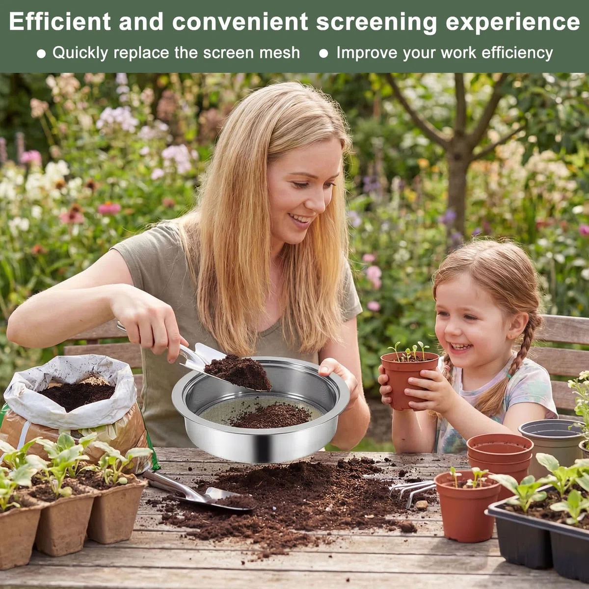 5 in 1 Setaccio da Giardino Ø 1,3,6,9,12mm Setaccio Sabbiain Acciaio Inox + 1 Vanga a Mano per Terra, Pietre, Compost, Erbacce, Sabbia