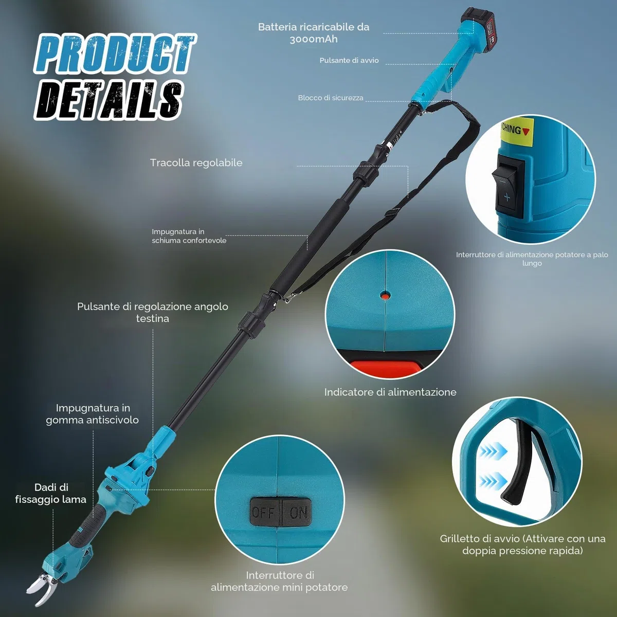 Forbici Potatura a Batteria con Asta,Con asta telescopica da 233 cm Due batterie da 3000 mAh Lama in Acciaio al Carbonio SK5 per Rami Alberi Giardini Electric Pruning shears