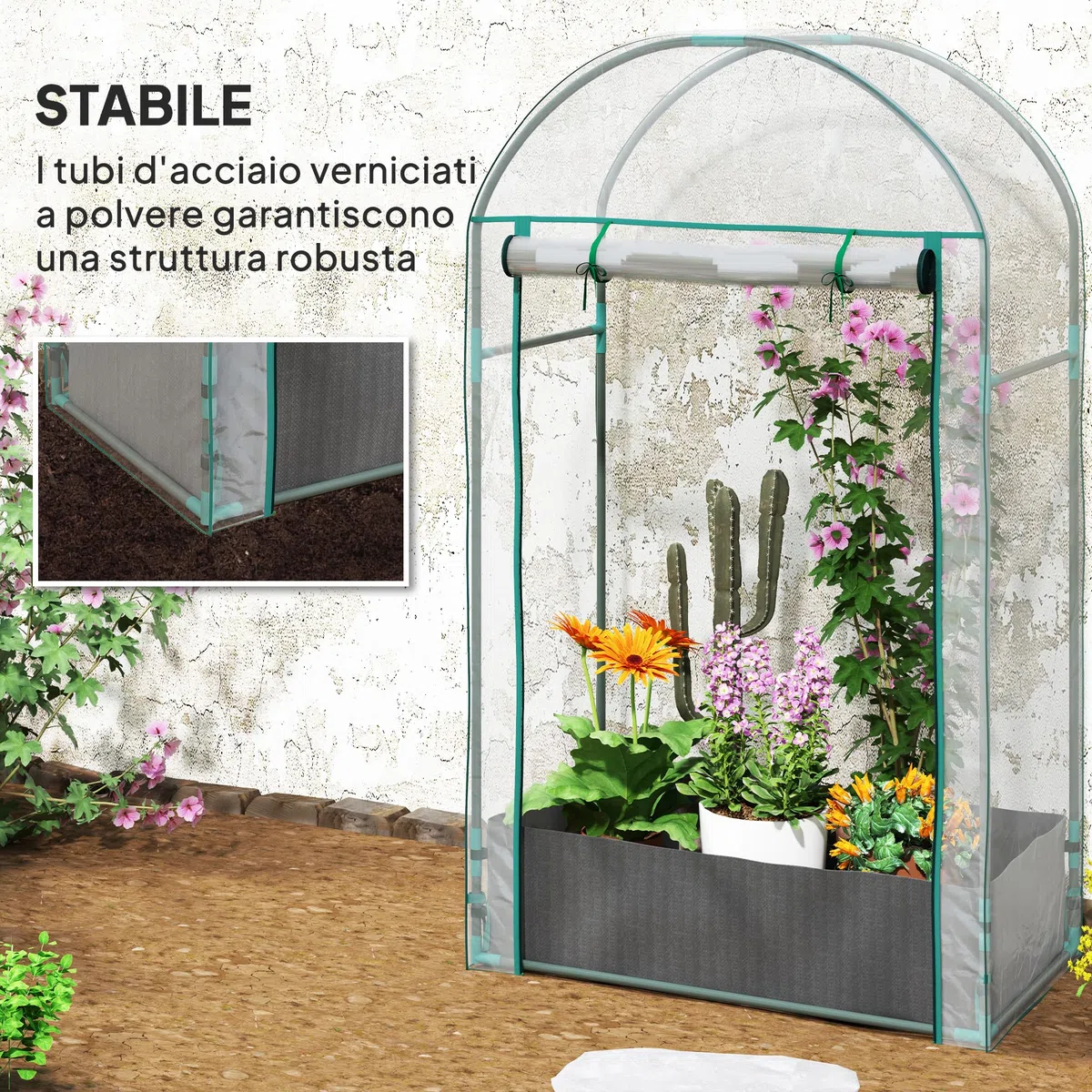 Outsunny Serra da Balcone per Orto con Porta a Cerniera Avvolgibile e Sacco per Piante, Serra da Giardino in Acciaio e Plastica, per Piante, Fiori e Verdure, 89x50x152 cm, Trasparente