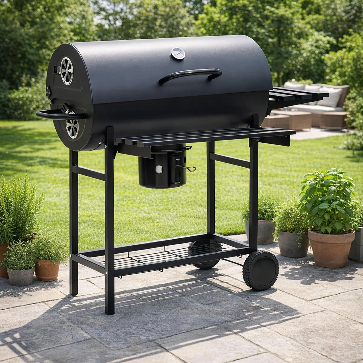 BRICOZONE Barbecue A Carbone Con Coperchio Termometro Integrato Grill BBQ In Acciaio Con Ruote Ripiani E Ventilazione Regolabile Pinza E Guanti Ideale Per Giardino Terrazzo E Balcone Cm Nero