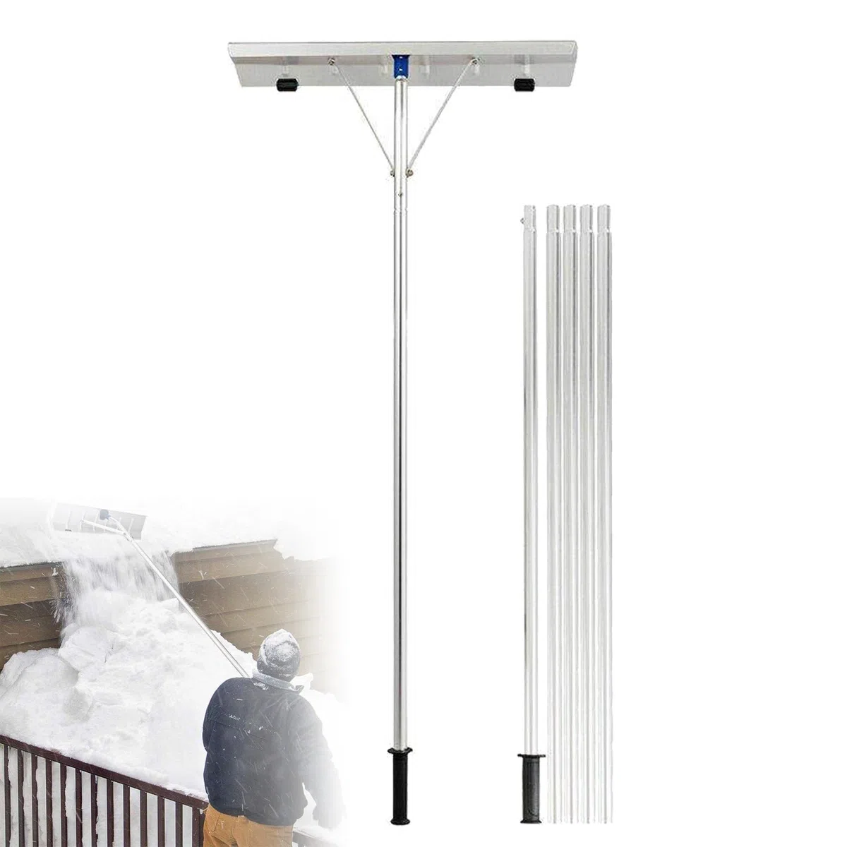 Rastrello da neve da tetto con ruote, palo telescopico regolabile, facile da montare, per la rimozione di detriti da tetto e cortile