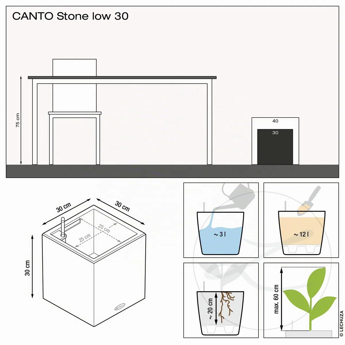 LECHUZA CANTO Stone 30 low beige sabbia 13701