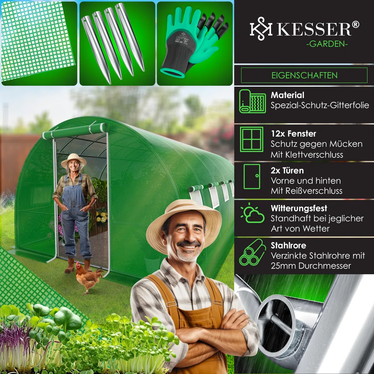 KESSER® Serra stabile con 12 finestre con zanzariera e porta, tunnel da giardino con telaio in acciaio zincato, 170 g/m², con guanti e corde, 600 x 300 cm, verde