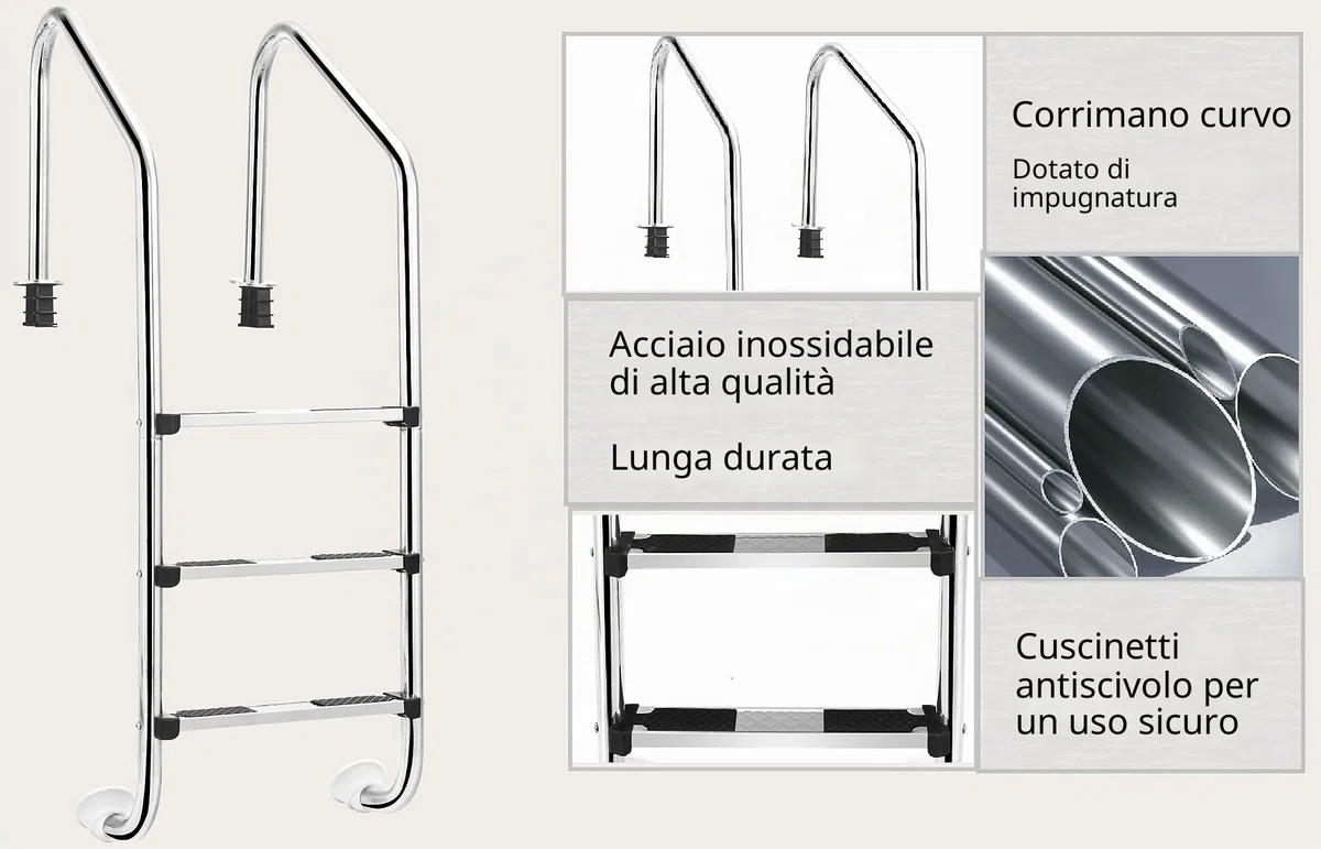 GIANTEX Scala per Piscina 3 Gradini, Scaletta Piscina in Acciaio Inox, Gradini Antiscivolo e Braccioli con Protezione, Portata di 150 kg, 53x63x147 cm, Argento