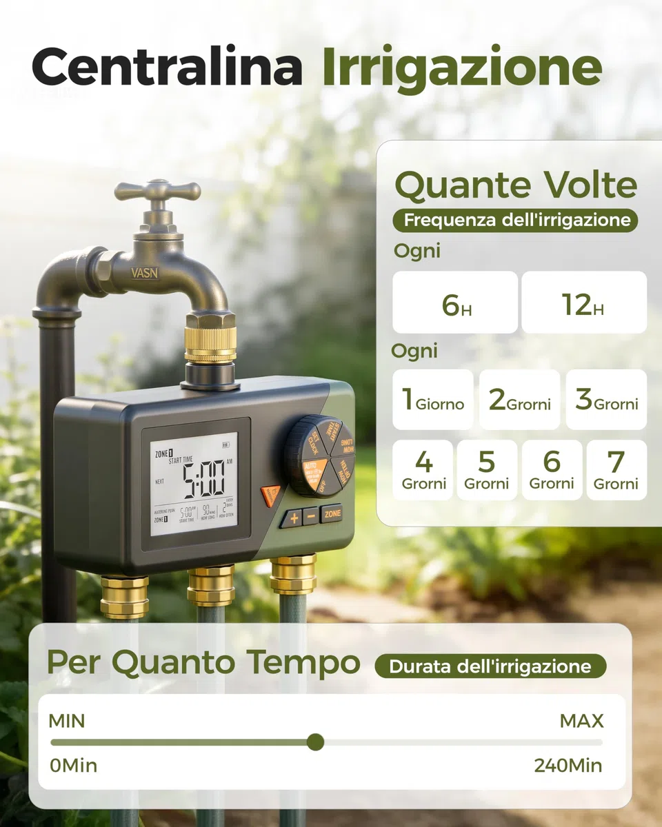 Diivoo Ottone Timer Irrigazione 3 Vie per Giardino, Cortile, Prato | Ampio Display LCD, Ritardo Pioggia, Irrigazione Manuale