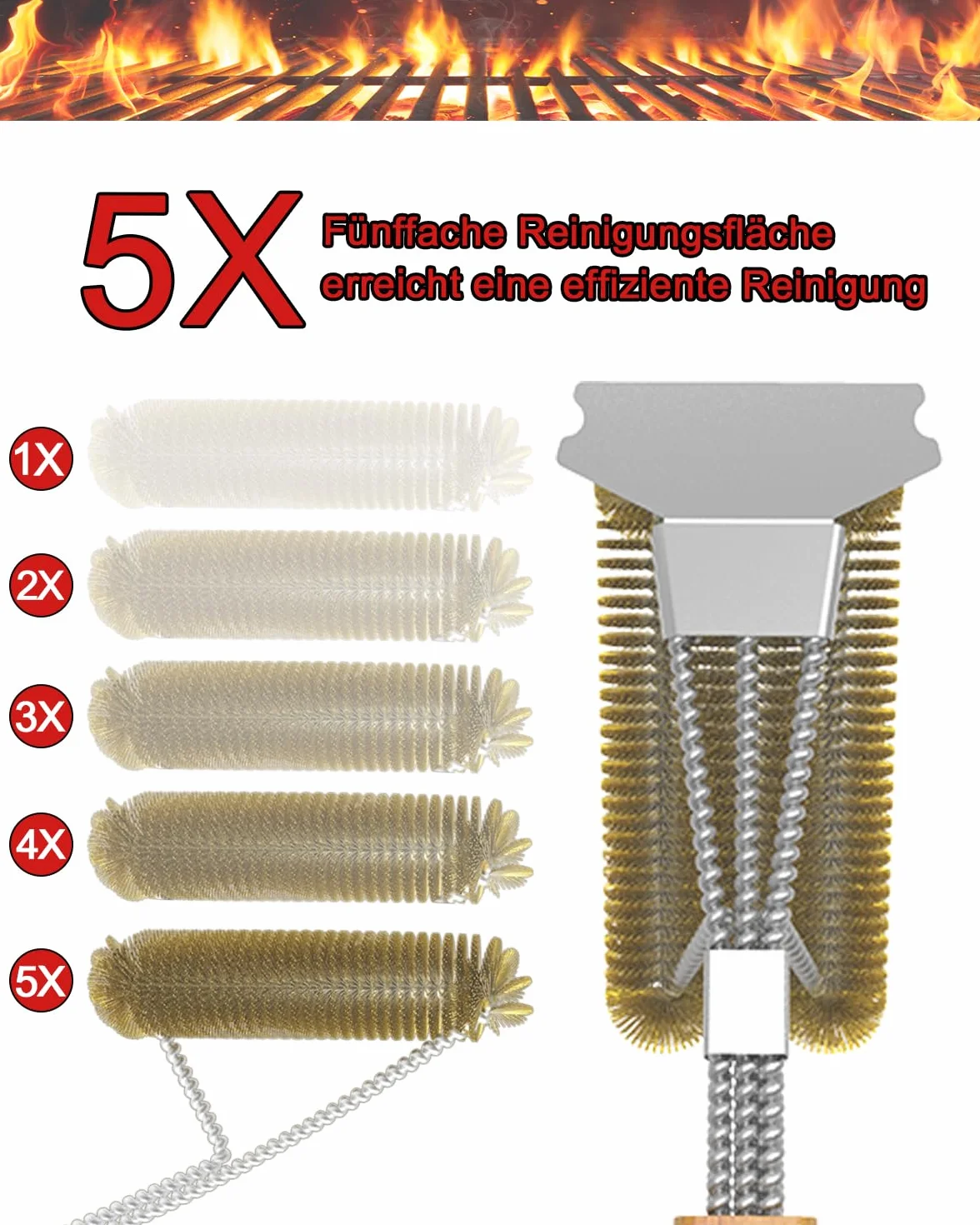 Spazzola per barbecue in ottone, spazzola per la pulizia della griglia, raschietto in acciaio inox, setole spesse in acciaio inox, manico in legno extra lungo da 39 cm, per barbecue a gas, griglia a