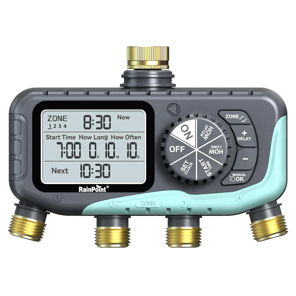 RAINPOINT Timer per irrigazione a 4 zone, programmabile, per tubo flessibile con ritardo della pioggia/sistema di irrigazione manuale/automatico, irrigazione digitale per cortile, prato