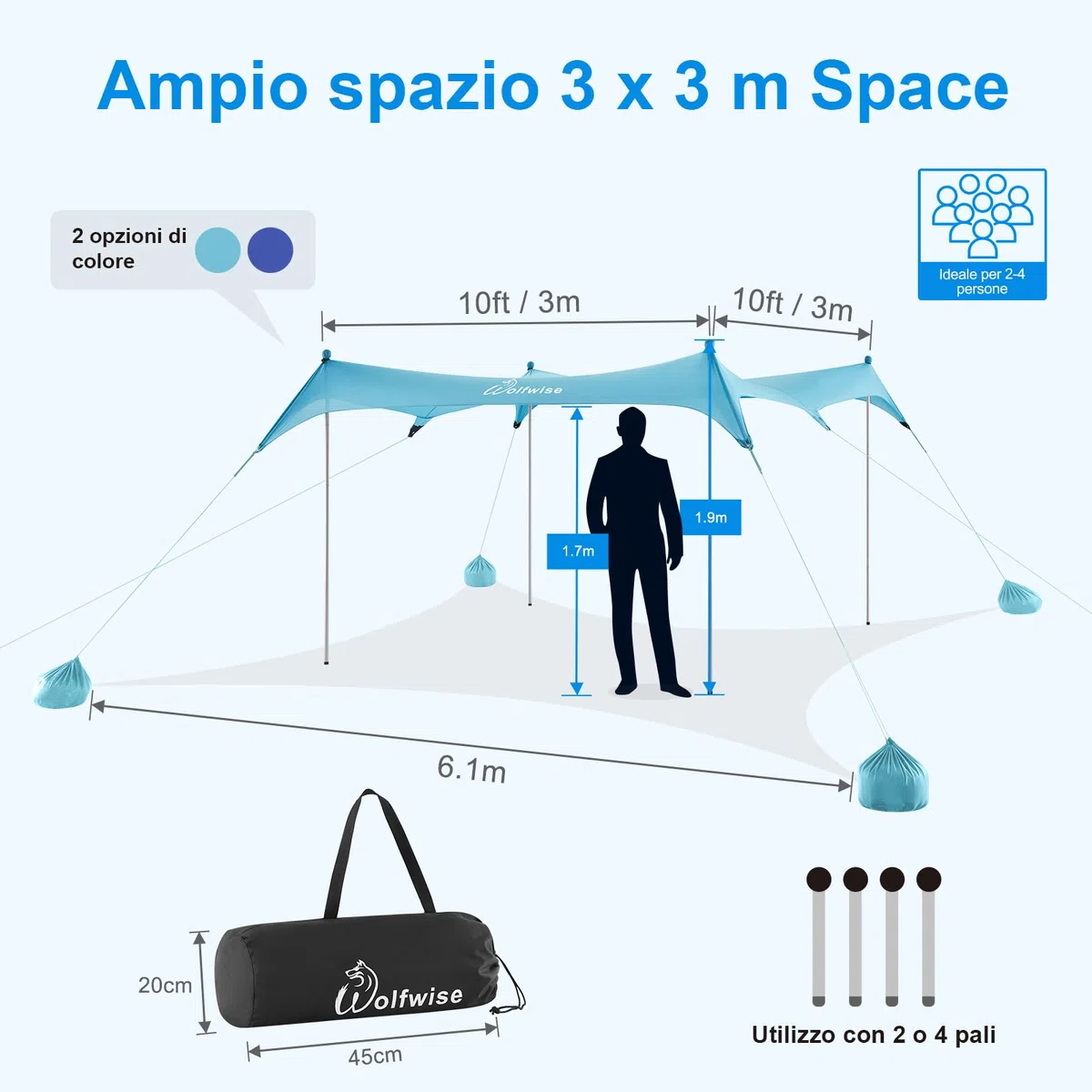 WolfWise Tenda da Spiaggia con Protezione Solare UPF50+, 3 x 3 m Tenda da Spiaggia con Ancoraggio di Sabbia