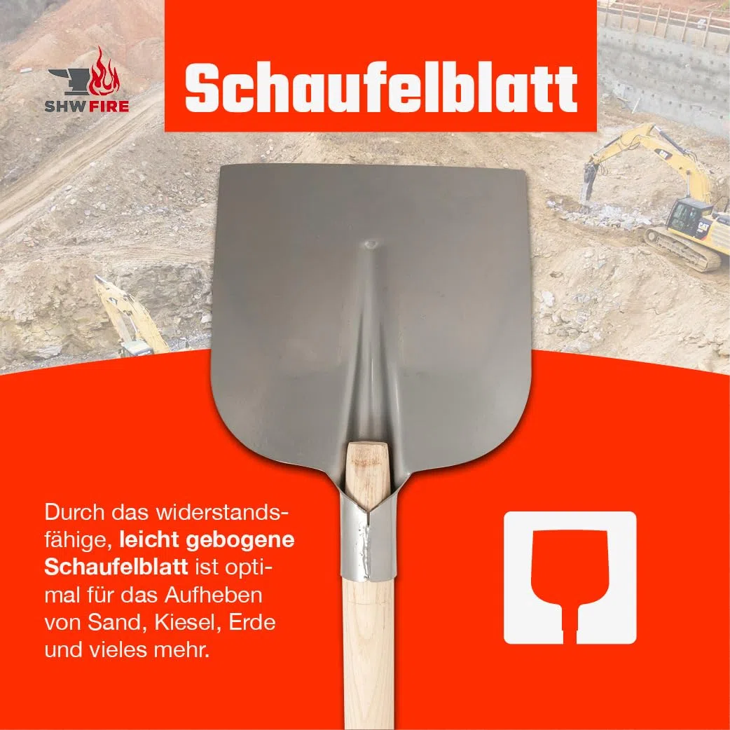 SHW FIRE - Pala in acciaio temprato, lama curva, manico in frassino 128 cm per trasmissione ottimale della forza, pala professionale resistente e durevole | Made in Germany