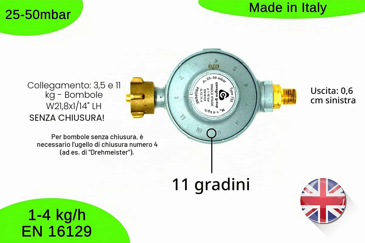 CAVAGNA Regolatore di Bassa Pressione 25-50mbar Regolatore di Pressione del Gas Regolabile in 11 stadi per griglia a Gas, Stufa radiante, Stufa radiante terrazza, fornello