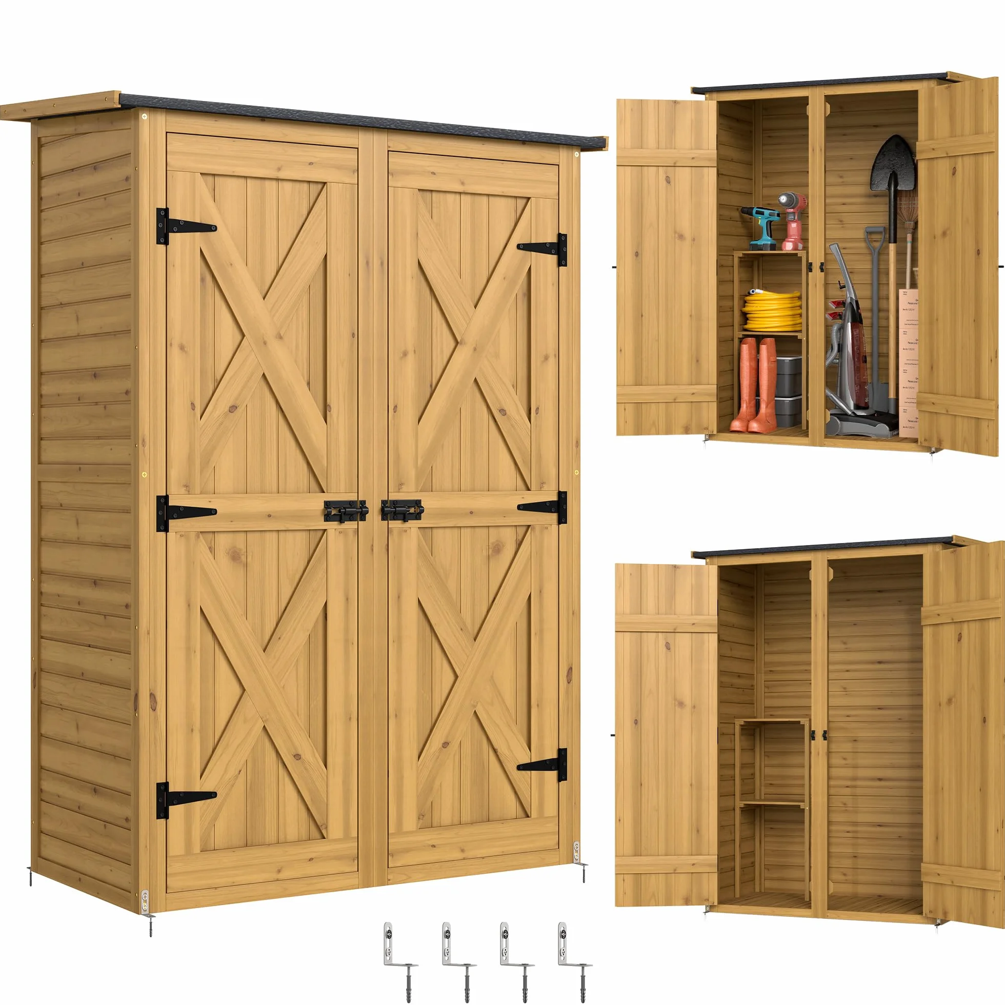 Outsunny Armadio da Giardino in Legno di Abete con 2 Ripiani, Casetta Attrezzi Giardino con Doppia Porta e Chiavistelli, Tetto Inclinato, Capanno Porta Attrezzi per Esterno 115x53x156 cm Marrone