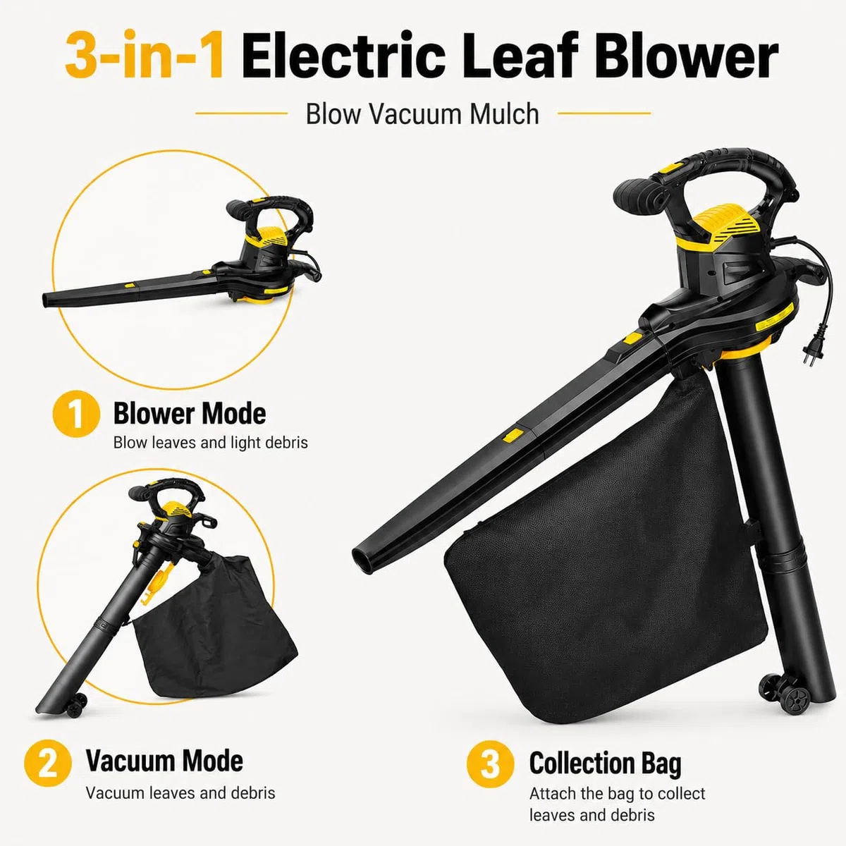 Aspirapolvere e mulcher elettrico del soffiatore della foglia 3800W | Con cavo, sacchetto di raccolta da 40 l, rapporto di triturazione 16:1, aspirapolvere da giardino