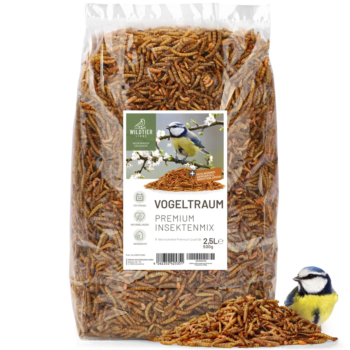 wildtier liebe Vogeltraum - Set di insetti di alta qualità, 2,5 litri, secchi, larve di insetti e gamarus per uccelli, vermi di farina, mangime per uccelli