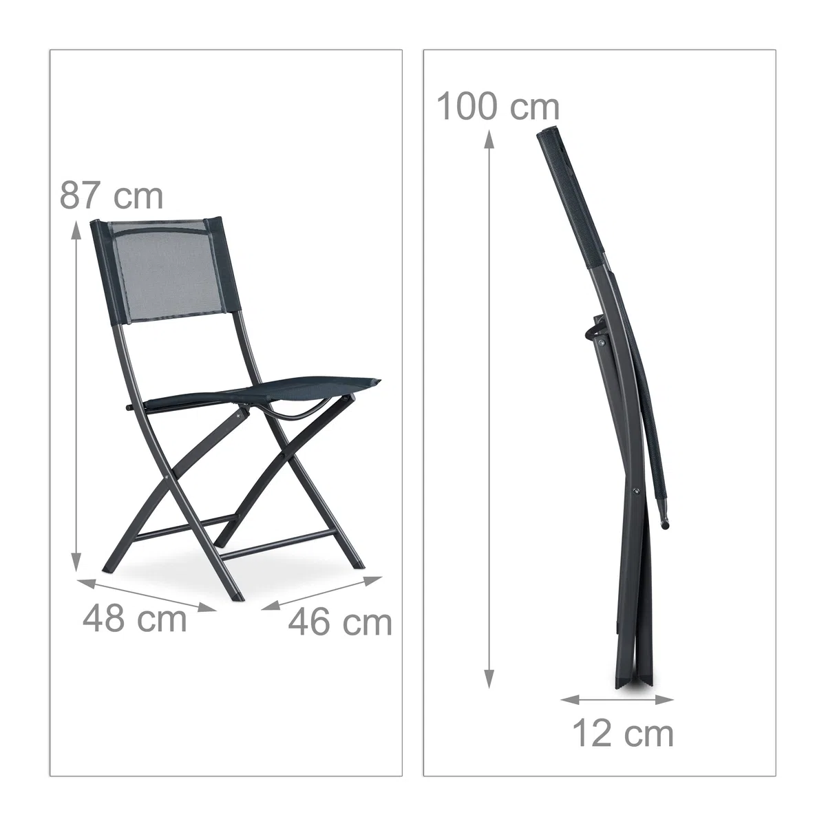 Relaxdays Sedia Pieghevole da Balcone Metallo Plastica Seduta da Giardino HxLxP: 87 x 46 x 48 cm, Grigio Antracite