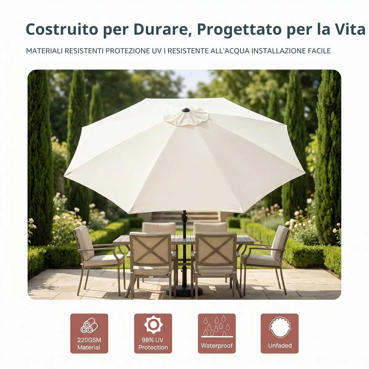 Copertura di ricambio per ombrellone da giardino da 3 m di spessore, resistente, con 6 stecche, tenda parasole da esterno, beige (8 stecche)