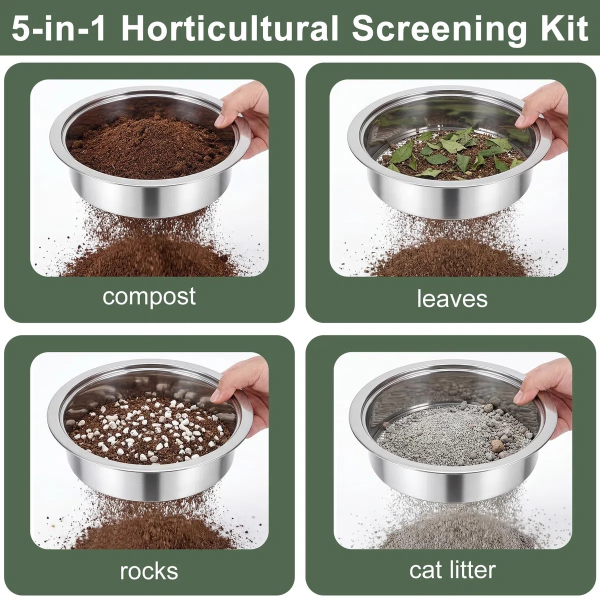 5 in 1 Setaccio da Giardino Ø 1,3,6,9,12mm Setaccio Sabbiain Acciaio Inox + 1 Vanga a Mano per Terra, Pietre, Compost, Erbacce, Sabbia