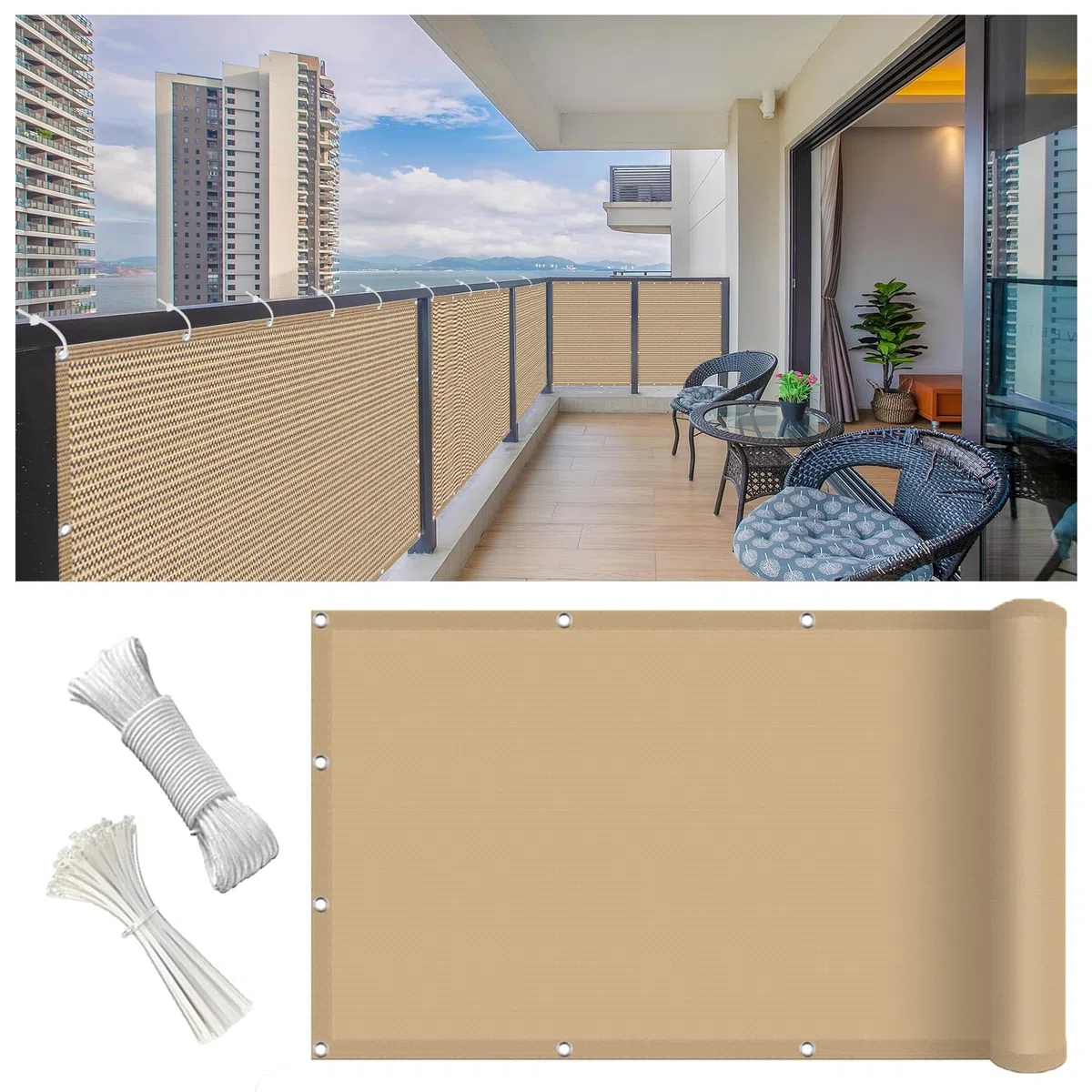 Telo Copri Ringhiera Balcone 95 x 500 cm Protezione Della Privacy, Frangivento, Anti-Uv, Agenti Atmosferici Telo Ombreggiante Recinzioni con Corde Fascette per Patio, Giallo sabbia