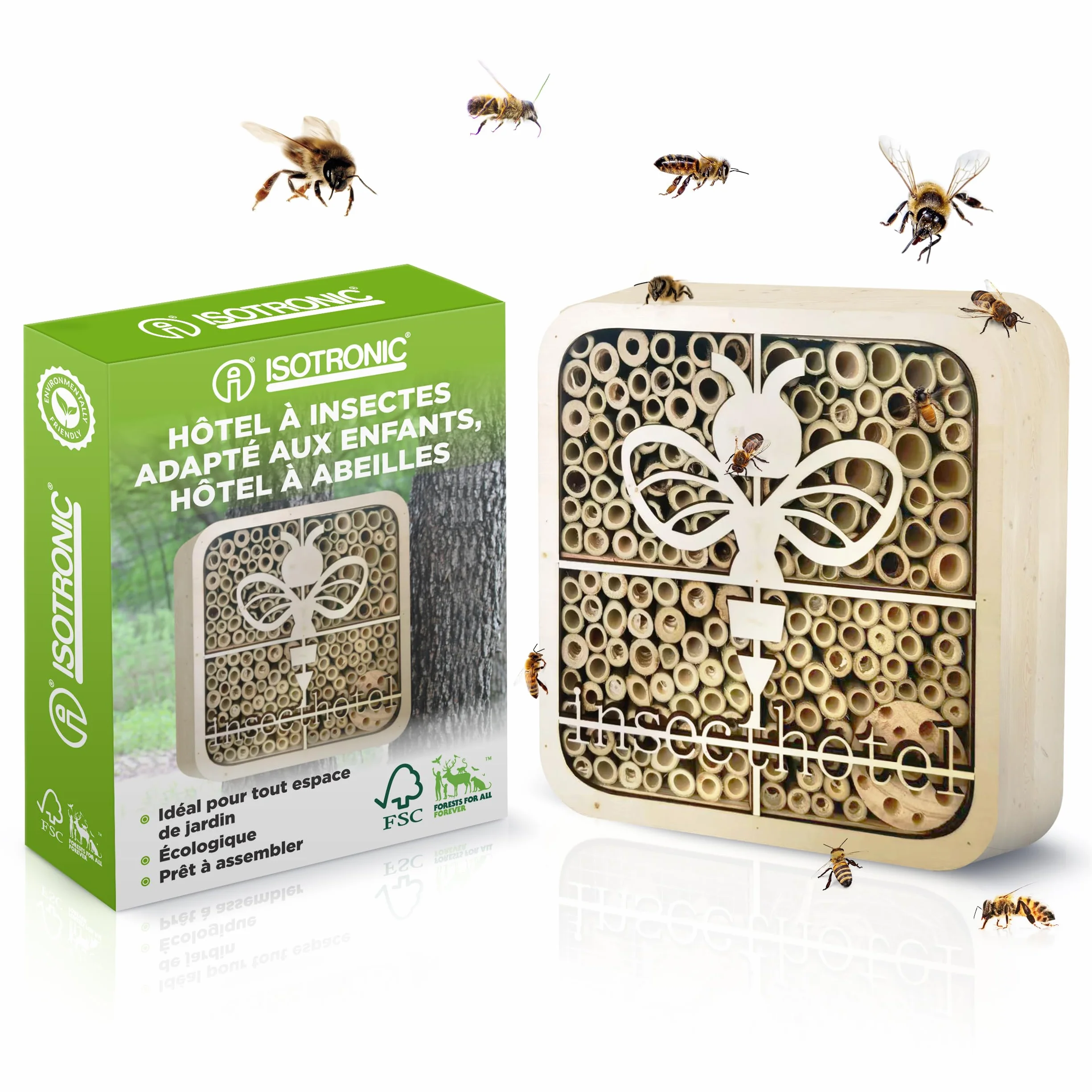 ISOTRONIC Hotel per insetti in legno naturale – Casetta per api, coccinelle e altri insetti – Hotel per api in bambù per giardino e balcone – Design moderno a nido d'ape (ape)