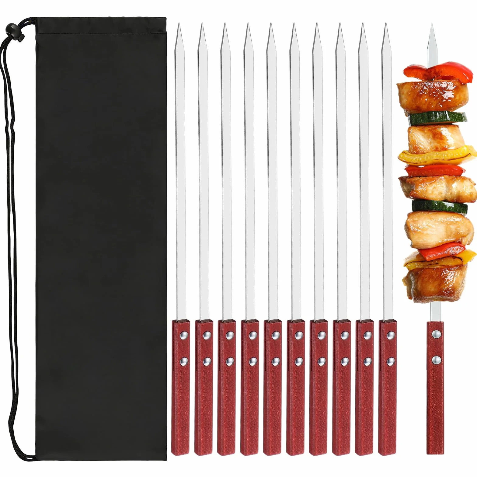 10 PCS spiedini per barbecue, Kebab Piatto da 35 cm, con Manico in Legno Resistente al Calore, Spiedini per Barbecue Riutilizzabili, Accessori per Griglia con Borsa, Kebab Multiuso