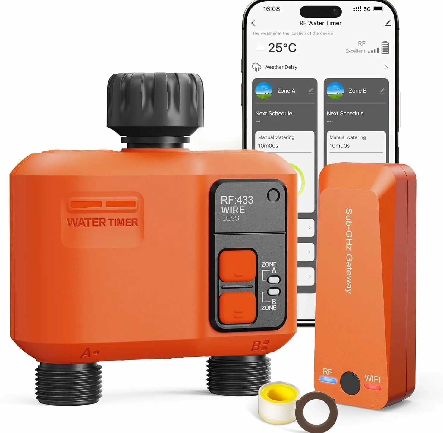 Centralina Irrigazione WiFi 2 uscite con Tecnologia RF 300M, Timer Irrigazione Smart Compatibile con APP e Vocale Alexa, Computer Irrigazione, Temporizzatore Irrigazione Ritardo Della Pioggia