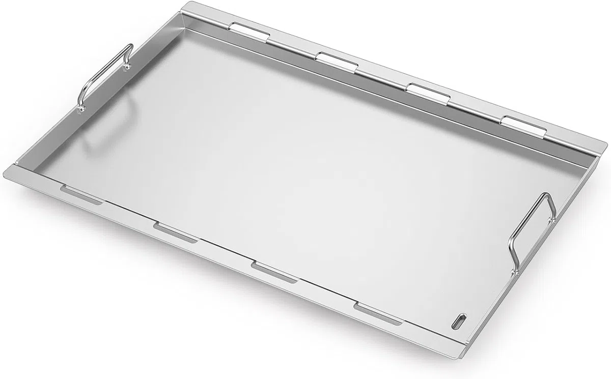 onlyfire Flat Top Piastra per Barbecue in Acciaio Inossidabile per Griglie a Gas Weber Genesis II & II LX 400 Series, Plancha con Sistema di Grasso e Maniglia Staccabile, 82,5 × 47 × 3,8 cm