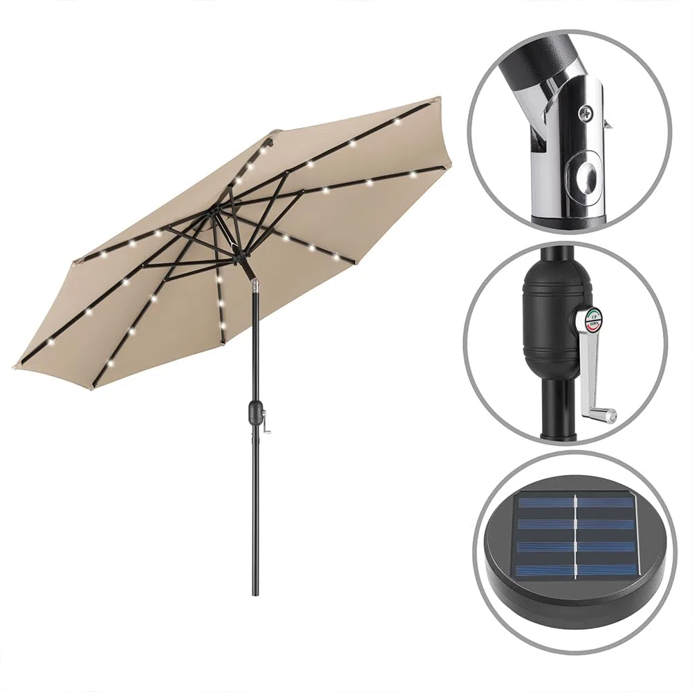 BAKAJI Ombrellone da Giardino Diametro 270 cm con Luci Led e Sistema Antivento, Parasole da Esterno con 8 Ribs Stecche, Airvent, Ideale per Bar, Ristorante, Patio, Balcone, Apertura Manovella