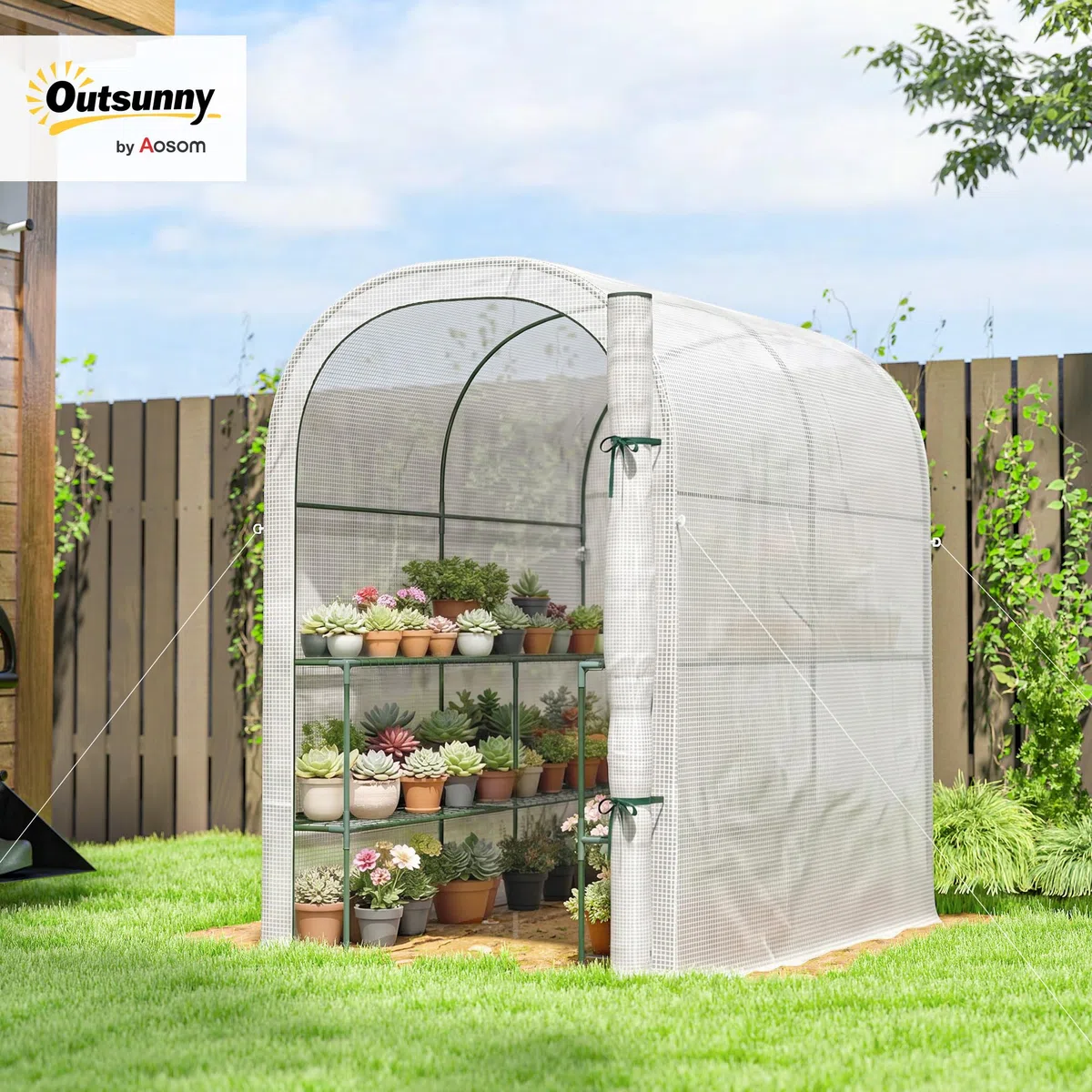 Outsunny Serra da Giardino con Scaffali a 2 Livelli e Porta Avvolgibile, Serra per Orto con Struttura in Acciaio, Copertura in PE Anti-UV, per Orto Verdure Fiori Piante, 123x187x189 cm, Bianco