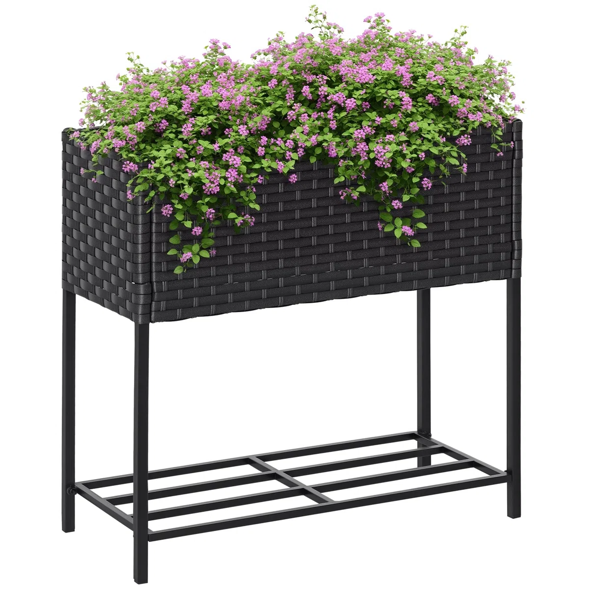 Outsunny Letto per Orto Rialzato, Fioriera Effetto Vimini con Ripiano, Aiuola Rialazata per Esterni e Interni, Grigio (70cm x 30cm x 72cm)