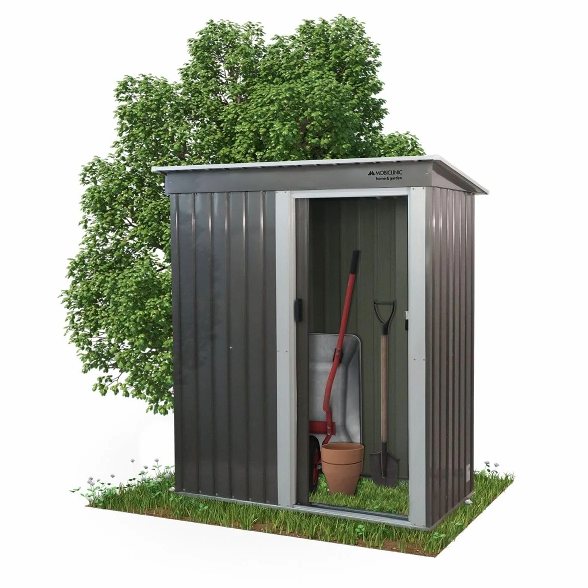 Mobiclinic®, Casetta da Giardino, Con Porta Scorrevole, 150 x 75 x 181 cm, Armadio da Esterno, Lucchettabile, Nomi, Tetto spiovente, 1.4 m², Custodia Sicura, Resistente, Grigio