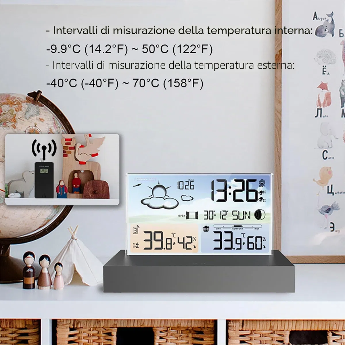 Stazione Meteorologica con Sensore Wireless Esterno, Stazione Meteorologica Digitale con Display LCD Wireless con Doppia Sveglia/Data/Temperatura/Umidità/Avviso/Barometrico/Previsioni Meteo Per Casa
