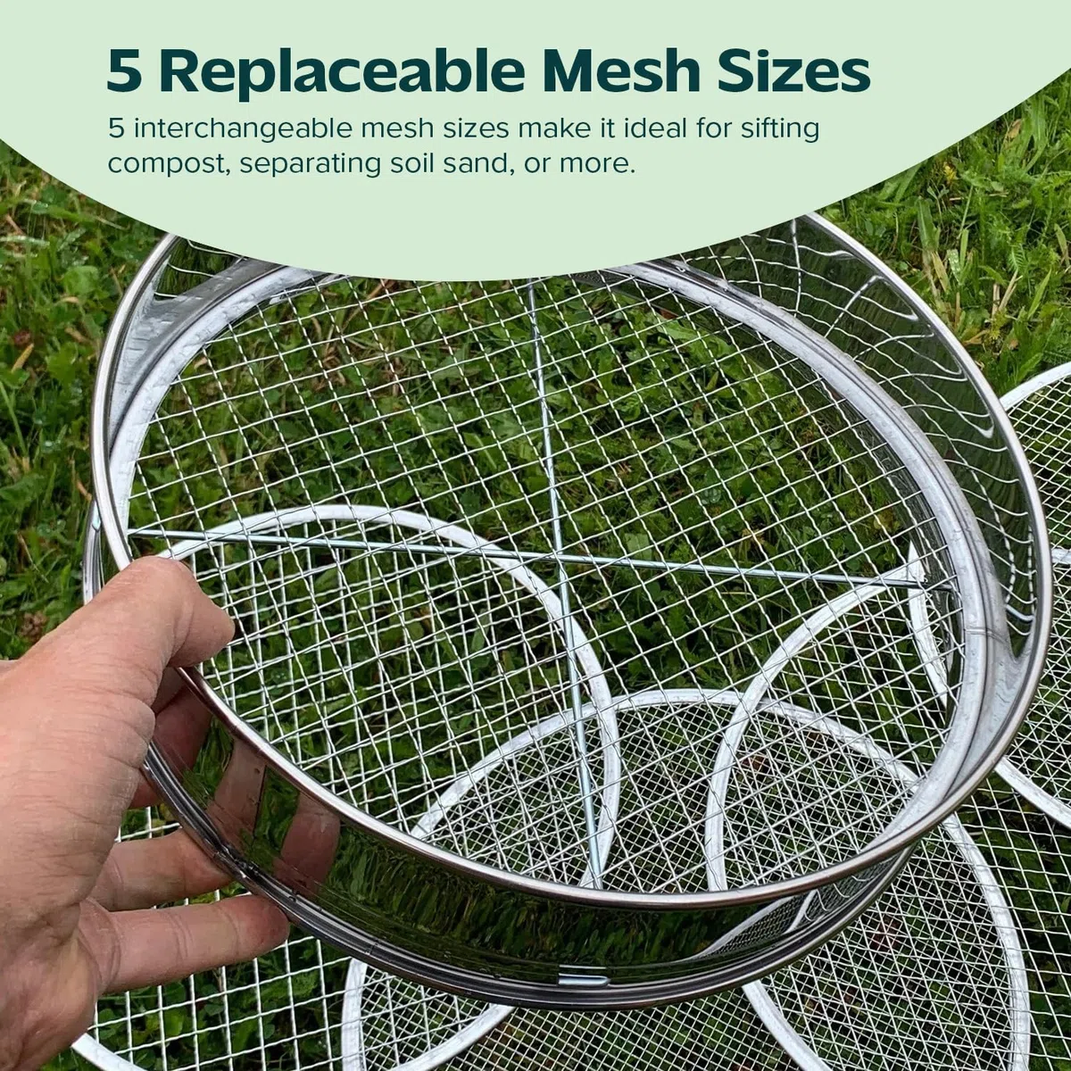 Flatro Setaccio da giardino per terreno e pietra, con telaio in acciaio inox, setaccio da giardino con 5 inserti intercambiabili a rete fine (3 mm, 5 mm, 8 mm, 10 mm, 12 mm), setaccio in metallo per
