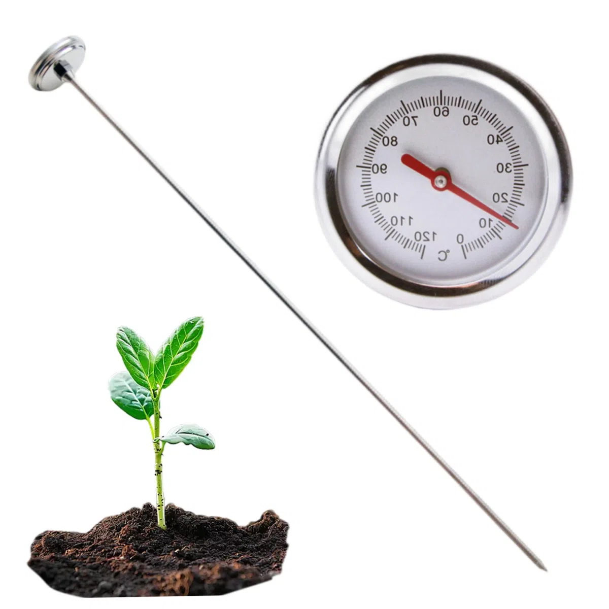 Termometro per compost, Termometro per terreno portatile in acciaio inossidabile con quadrante da 2 pollici con stelo da 20 pollici per terreno, compost, giardino