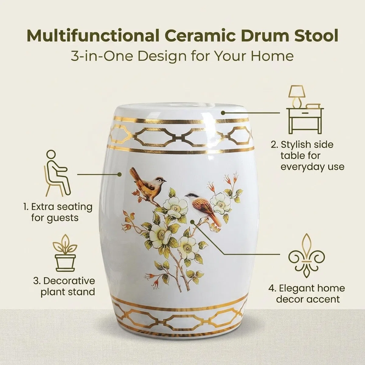 Sgabello da Giardino in Ceramica,Sgabello a Tamburo in Ceramica Smaltata | Piedini Antiscivolo,Superficie Superiore Piatta e Stabile,per Soggiorni Camere da Letto Cortili.