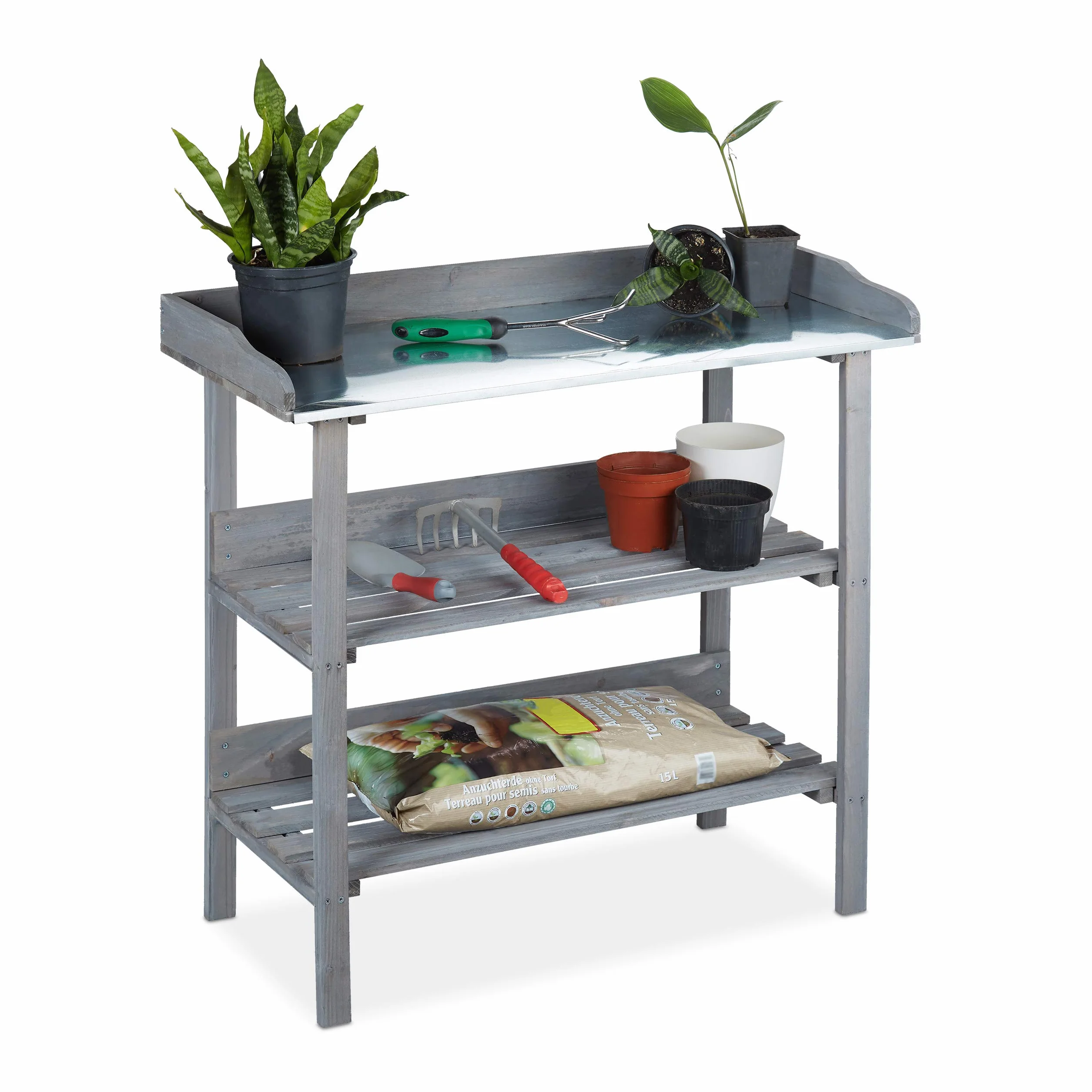 Relaxdays Tavolo da Giardinaggio, 86 x 92 x 42 cm, Banco da Lavoro da Esterno in Legno, per Balcone e Terrazza, Grigio