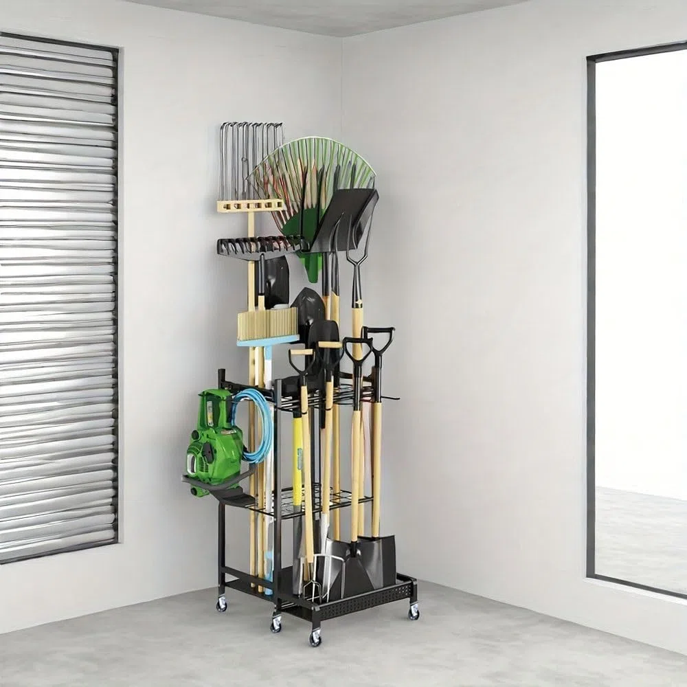 Scaffale per attrezzi resistente, organizer da garage con ruote per attrezzi da giardino, rastrelli, pale e attrezzature con manico lungo