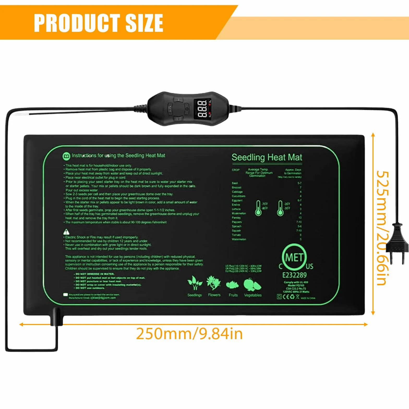 GOMETY Tappetino riscaldante per piante con termostato da 50 W, 52,5 x 25 cm, per piantine, rettili, animali domestici, IPX4, impermeabile, regolazione della temperatura per germinazione e serra da