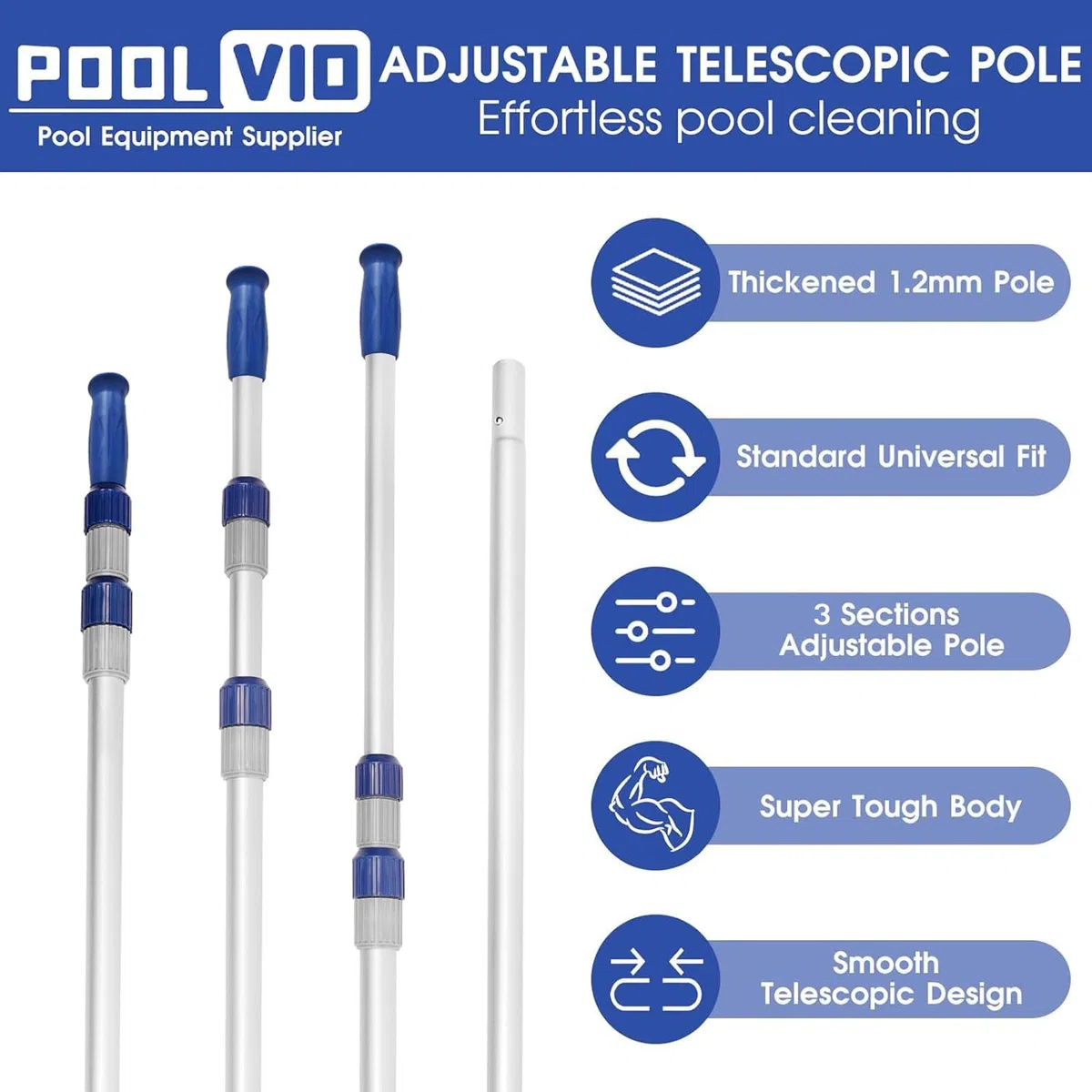 Poolvio Palo telescopico per piscina da 4,5 m, regolabile, in alluminio, 3 pezzi, per la pulizia della piscina, retini, testine e spazzole, presa forte e blocco