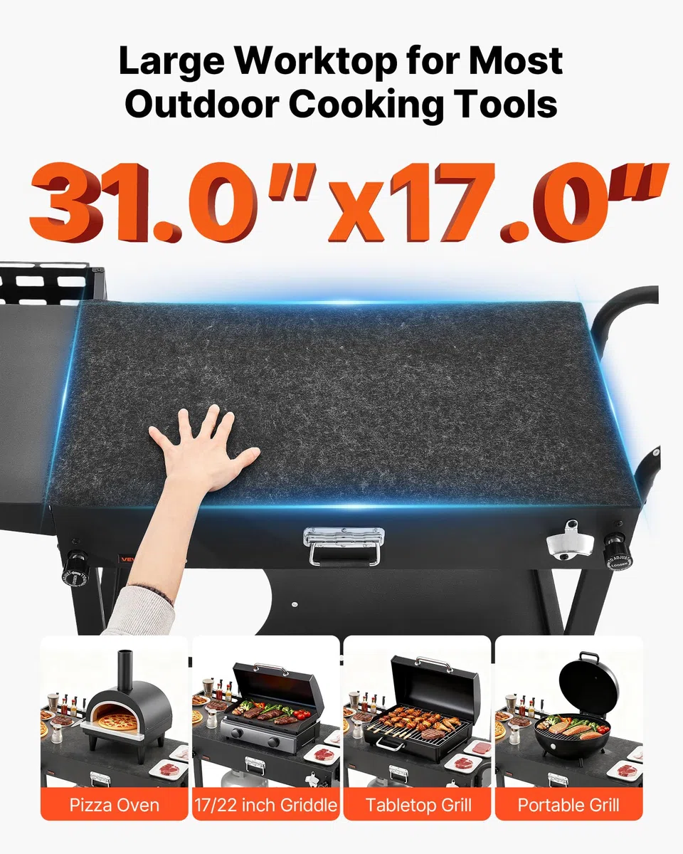 VEVOR Carrello per Griglia da Esterno Tavolo da Griglia da 787 x 432 mm Pieghevole per Esterni con Porta Fazzoletti, Ganci, Ruote, Tavolino Laterale, Tavoli per la Preparazione del Barbecue