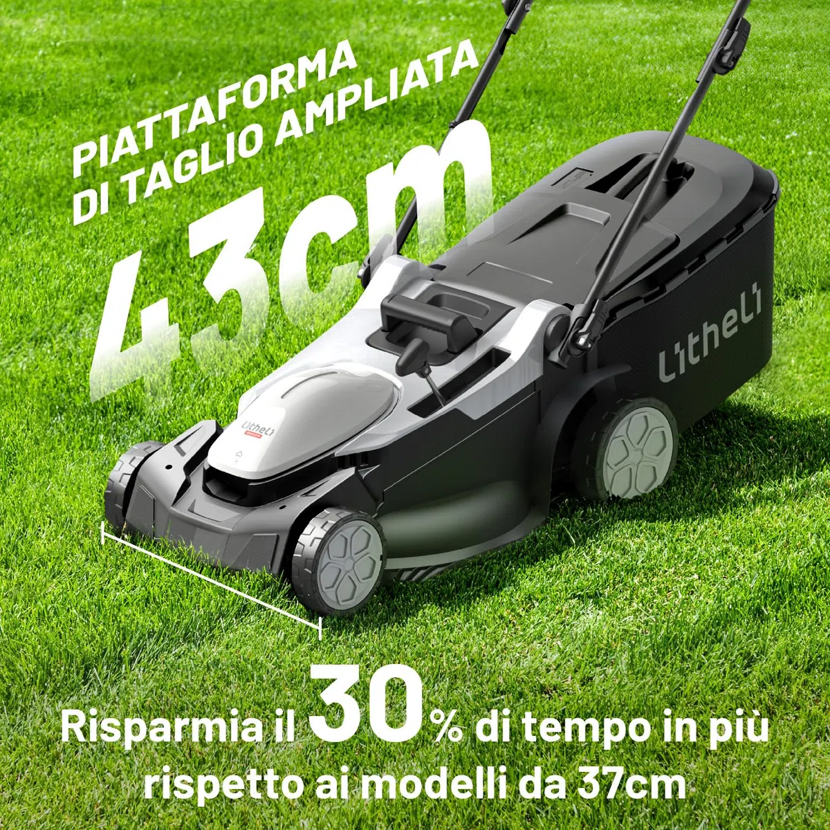 Litheli 40V Tagliaerba Tosaerba a Batteria 43cm, Altezza Regolabile 25-75mm, Sacco 40L, per Prati Fino a 500m², Tosaerba Elettrico con 2x 4.0Ah Batterias