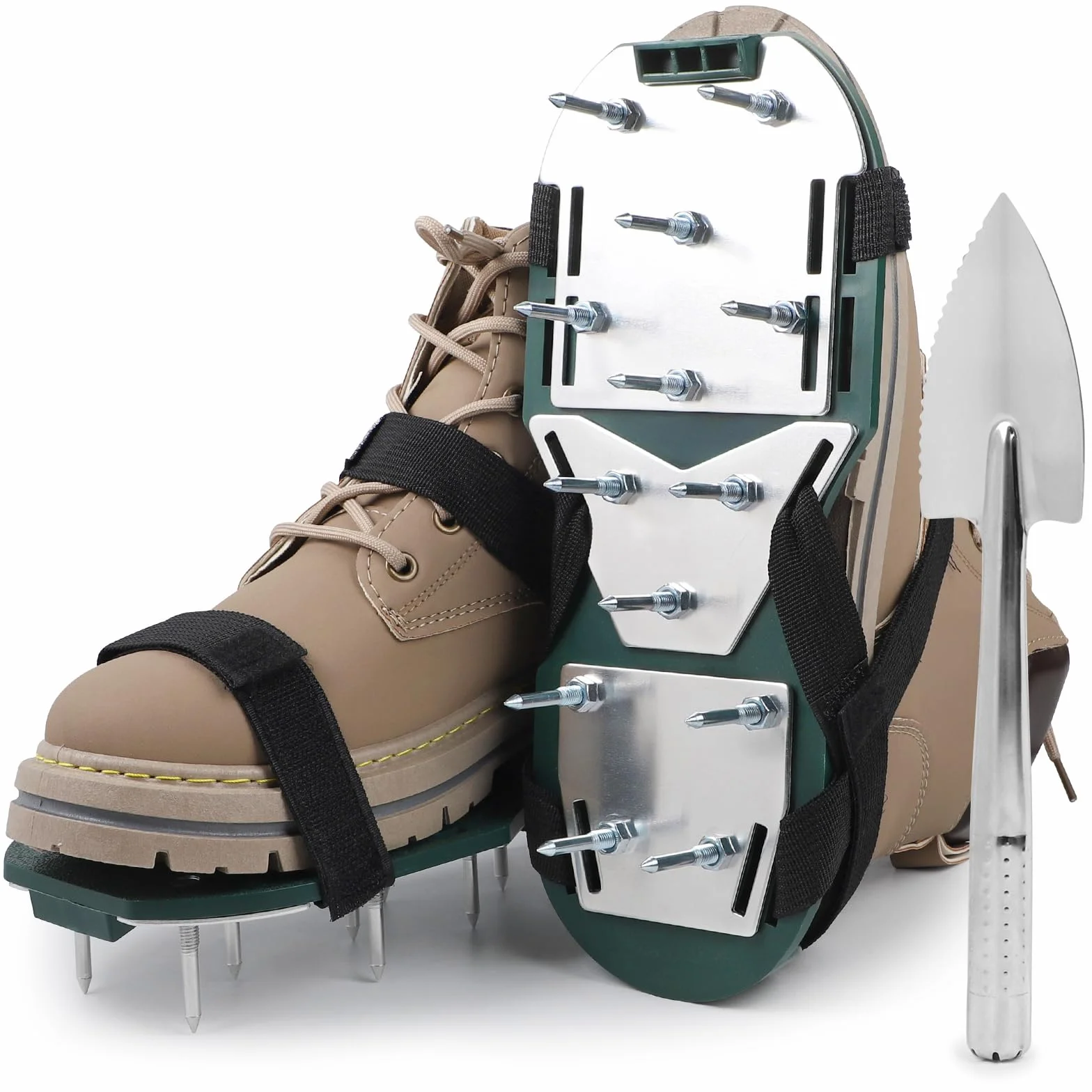 LALAGO 1 Coppia Arieggiatore Prato Scarpe Chiodate Verde, Sandalo Livellatore per Ventilator con Velcro e Spatola, Scarificatore Arieggiatore Manuale, Scarpe per Arieggiare per Cortile Giardino