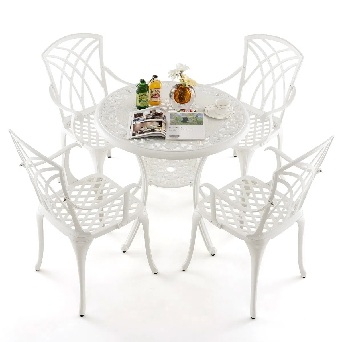 GIANTEX Soggiorno da giardino esterno, tavolo da giardino con sedia in ghisa di alluminio, tavolo da bistrot 5 pezzi per 4 persone, foro dell'ombrellone Dia.5 cm, tavolo rotondo per terrazza, balcone
