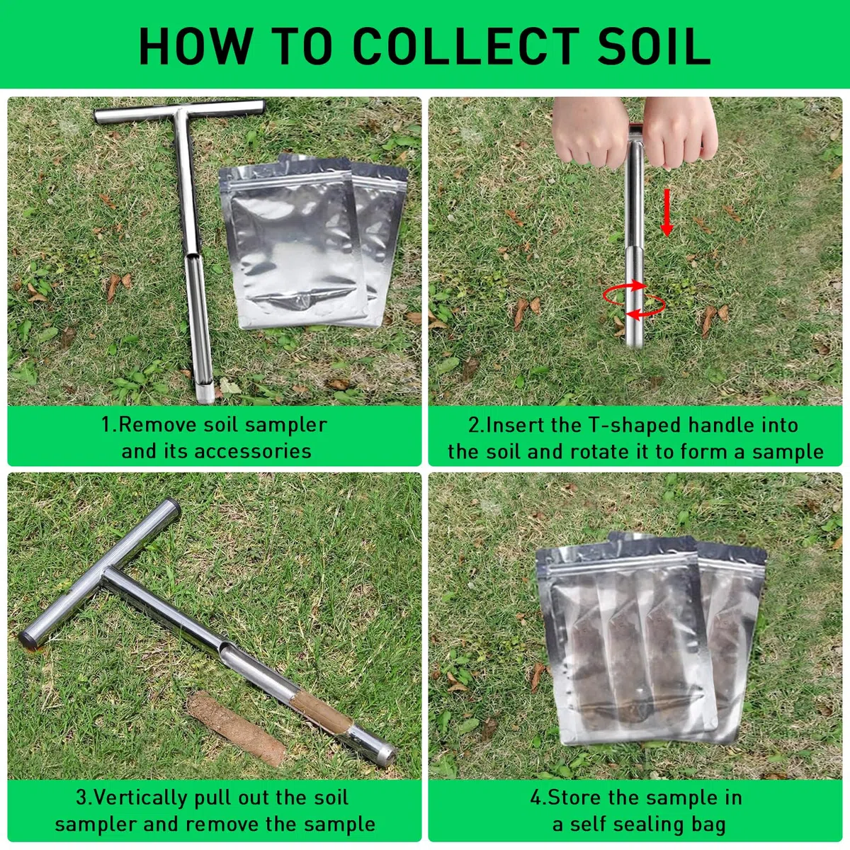 Sonda per terreno 30 cm in acciaio inox 2.5 mm - Prelievo a T con 2 sacchetti riutilizzabili per giardino, fattoria, prato