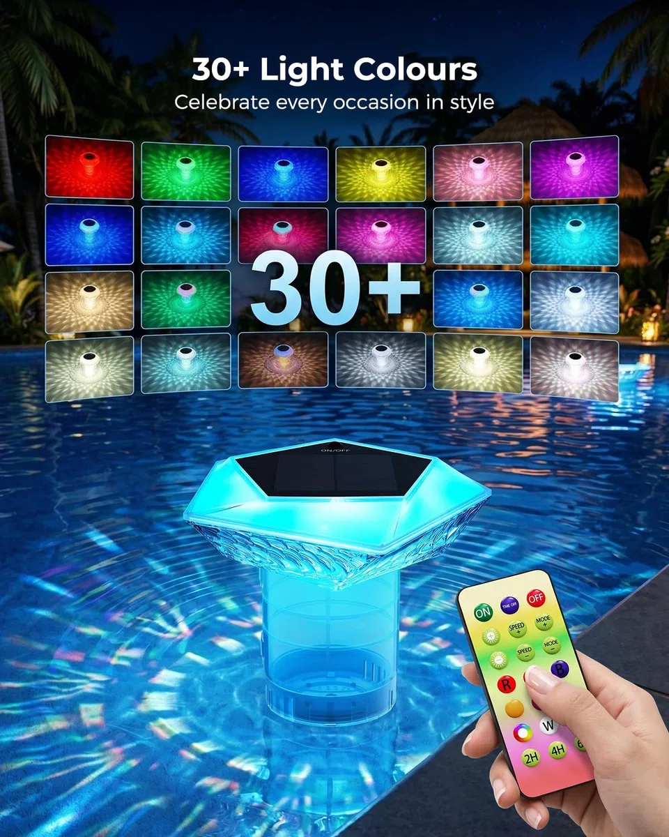 MYMULIKE Galleggiante dosatore per piscina, 2 pezzi di cloro solare per compresse di cloro da 3", grande dosatore di cloro per piscina con illuminazione per piscina, dosatore di cloro per piscina