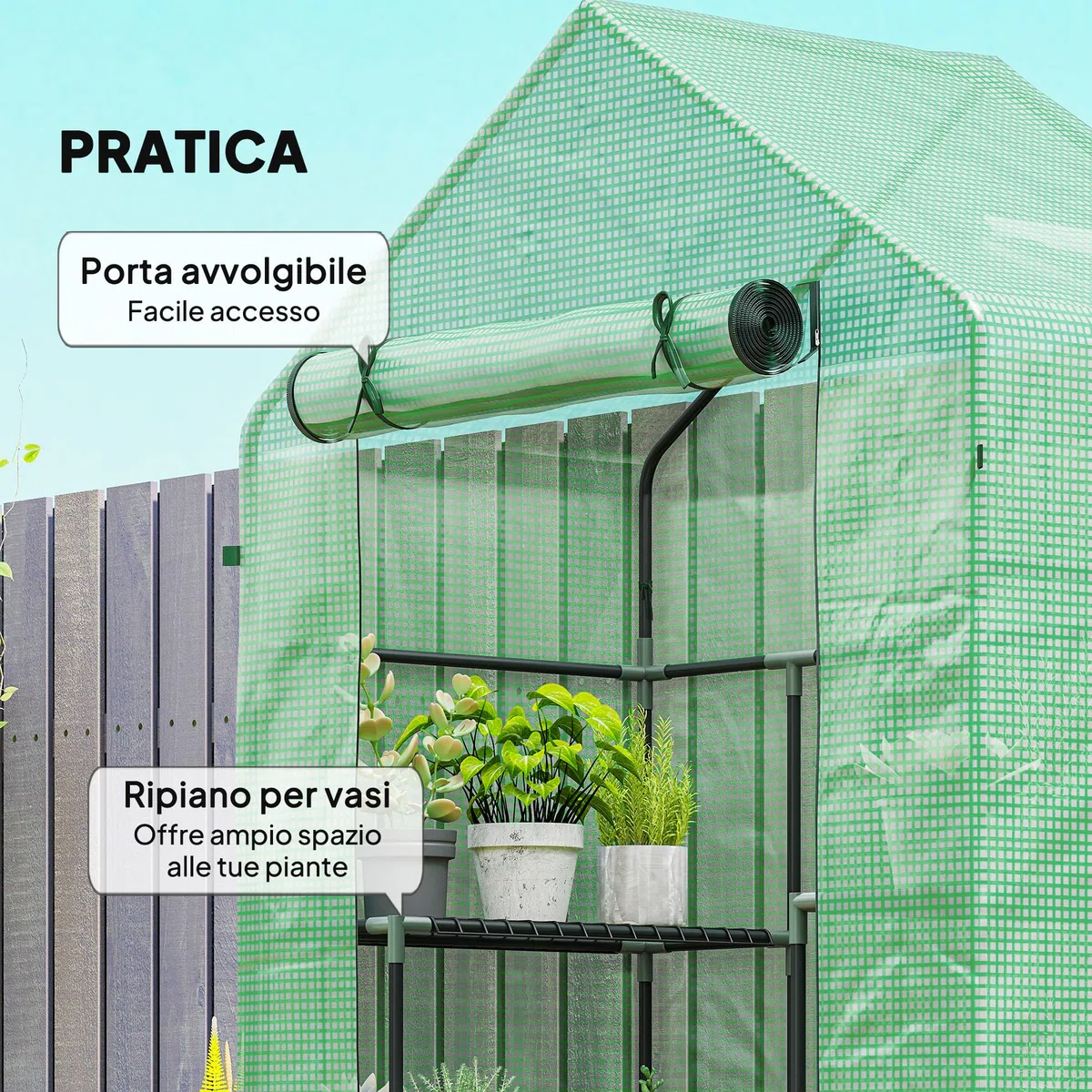 Outsunny Serra da Giardino con Ripiani a 3 Livelli 142x73x195 cm Verde | Porta Avvolgibile a Zip, Serra per Orto, Struttura in Acciaio, Copertura PE, Verdure Fiori Frutta, Anti UV, Giardinaggio