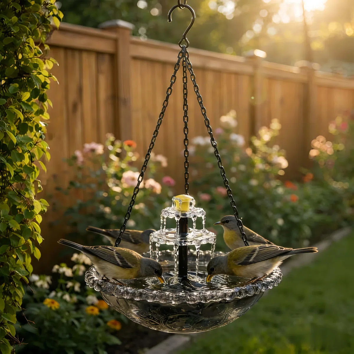 Fontana solare sospesa per uccelli, abbeveratoio e mangiatoia a cascata,decorazione da giardino resistente alle intemperie,facile da appendere,attrae uccelli e farfalle per giardino,cortile (BBB)