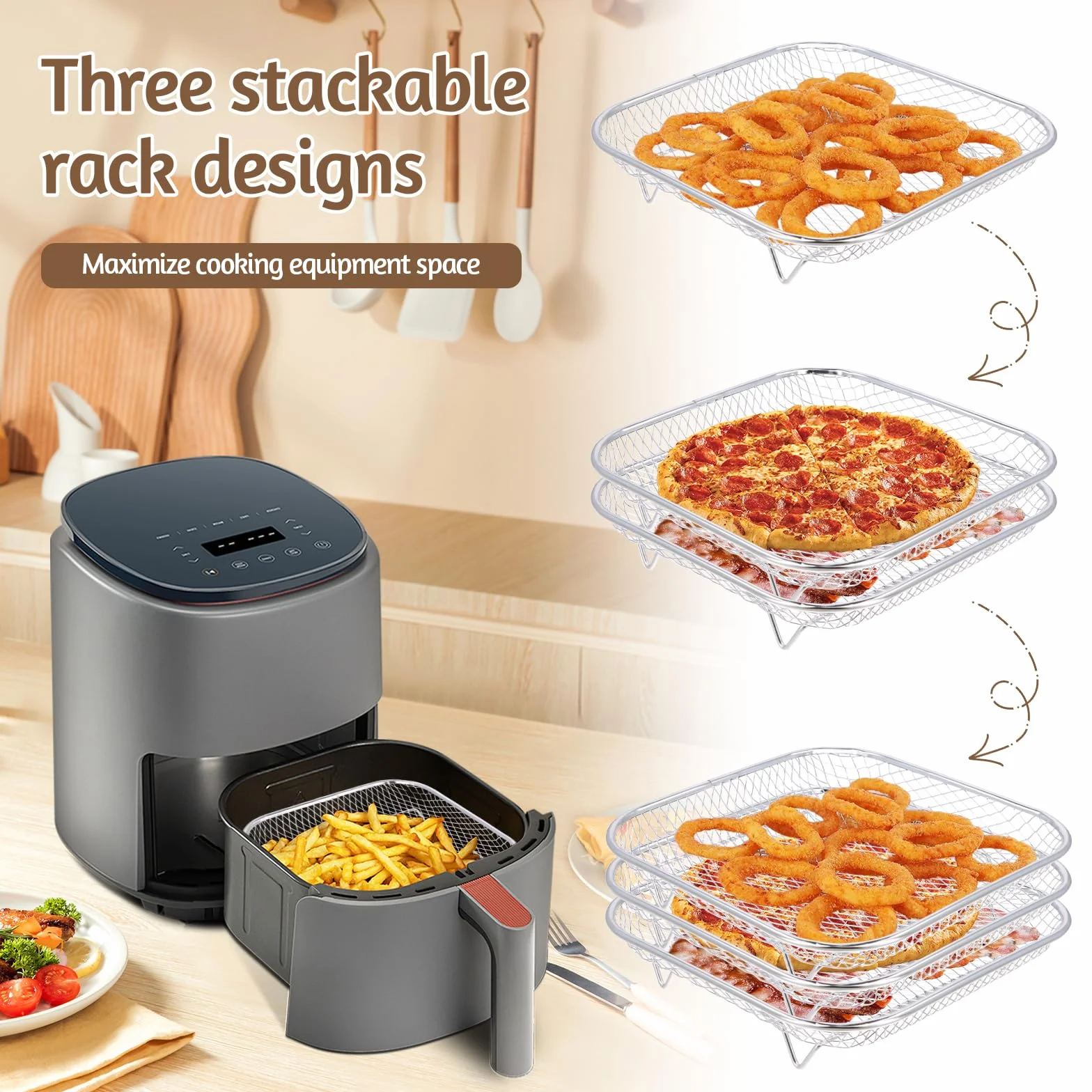 Rack per Friggitrice Ad Aria in Acciaio Inossidabile 304, 20cm Impilabile Accessori per Friggitrice Ad Aria per, Torre Quadrata Cestello per Friggitrice Ad Aria, Cestello per Griglia