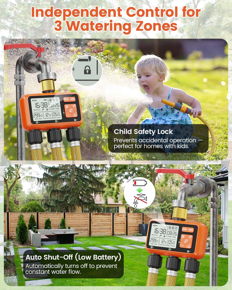 Timer per irrigatore a 3 zone con ingresso in ottone Timer dell'acqua per tubo da giardino Regolatore programmabile del rubinetto del tubo flessibile con controllo della zona indipendente Ritardo