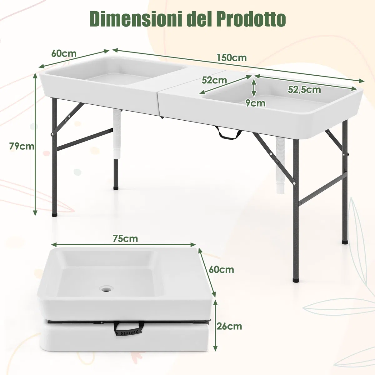 RELAX4LIFE Tavolo Refrigerante Pieghevole 150 CM per Bevande e Alimenti Freddi, con 2 Lavelli, Gonna Rimovibile, Tubo di Scarico Regolabile, Piano in HDPE, Tavolo del Ghiaccio Per Giardino, Campeggio